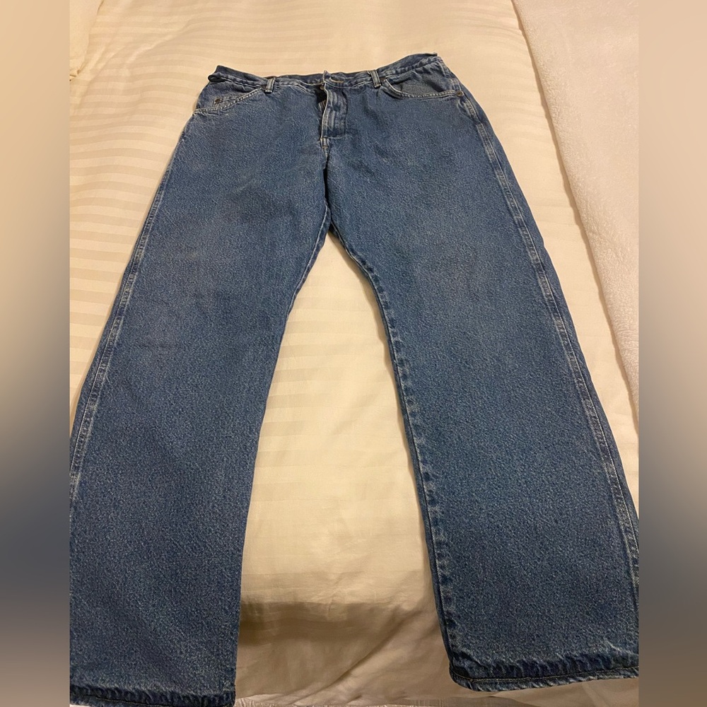 Wrangler Relaxed Fit Rugged Wear Blue Jeans with Red Comfort Lining w38 x 32 EUC - Picture 5 of 8